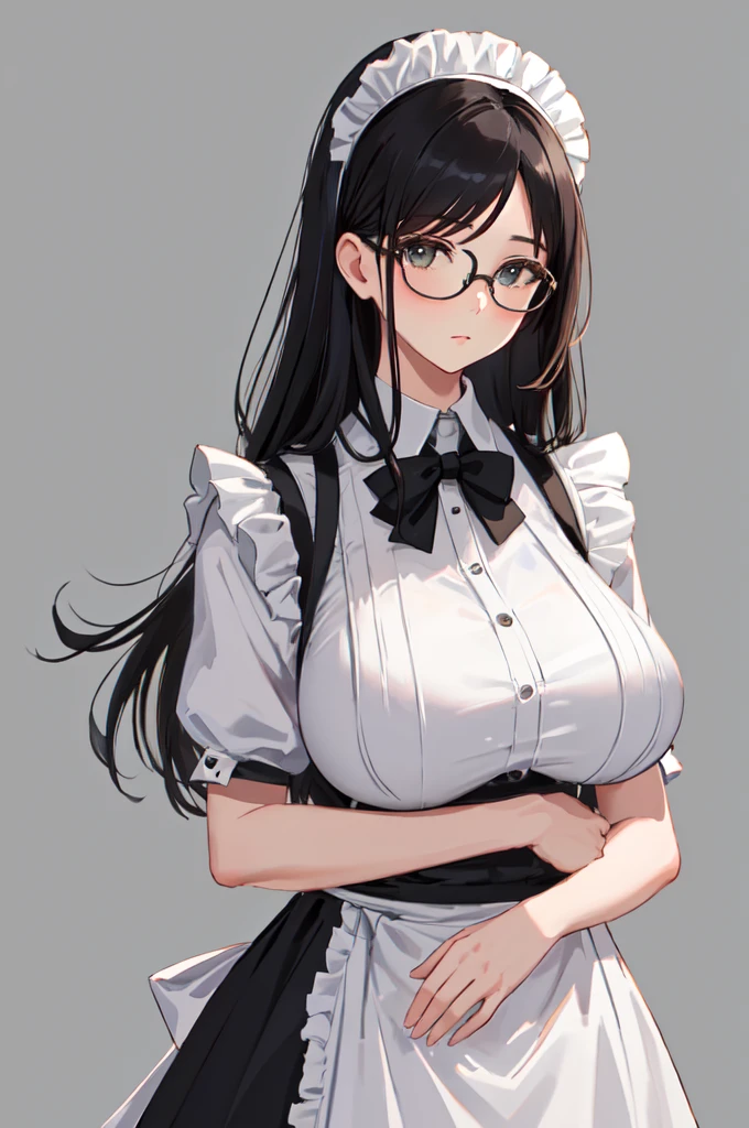 {{masterpiece}},high quality, 4K, 2D, 1 girl,{simple gray background},attractive mature lady,{milf},standing,sagging breasts,{{gigantic breasts}},maid,front face,{{tareme}},attractive mature lady,black hair, {from right in front of face and body},View viewers from front,{front facing shot},Wear glasses,{{mole under eye}},(serious:0.1)