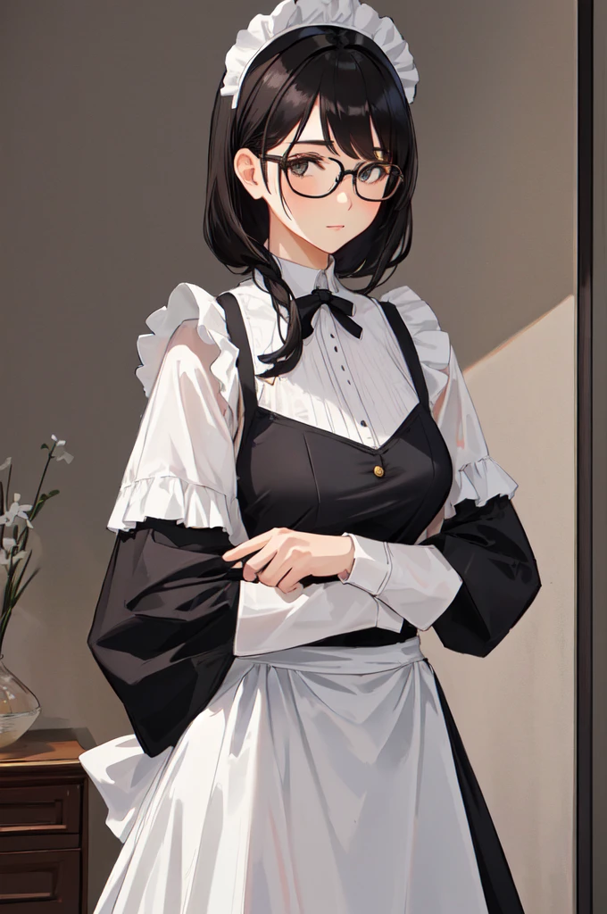 {{masterpiece}},high quality, 4K, 2D, 1 girl,{simple gray background},attractive mature lady,{milf},standing,sagging breasts,{{gigantic breasts}},maid,front face,{{tareme}},attractive mature lady,black hair, {from right in front of face and body},View viewers from front,{front facing shot},Wear glasses,{{mole under eye}},(serious:0.1)