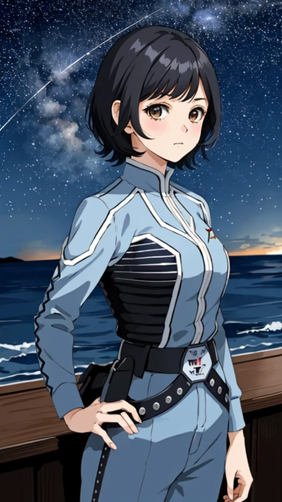 masterpiece, best quality, 独奏,1girl,looking at viewer,, cowboy shot,sea,anime style,
 anne、Ultra Guard Interior、Starry sky background、、Black Hair、Hair style: short hair、Her hair is parted in a 7:3 style.