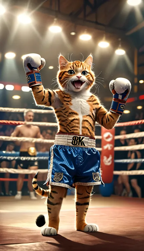 ((8k)), Highest quality, 超high resolution, A cat is in a boxing ring, Wearing boxer shorts, With the championship belt around his waist, Happy to raise both hands, ((Chuckle-Smile))