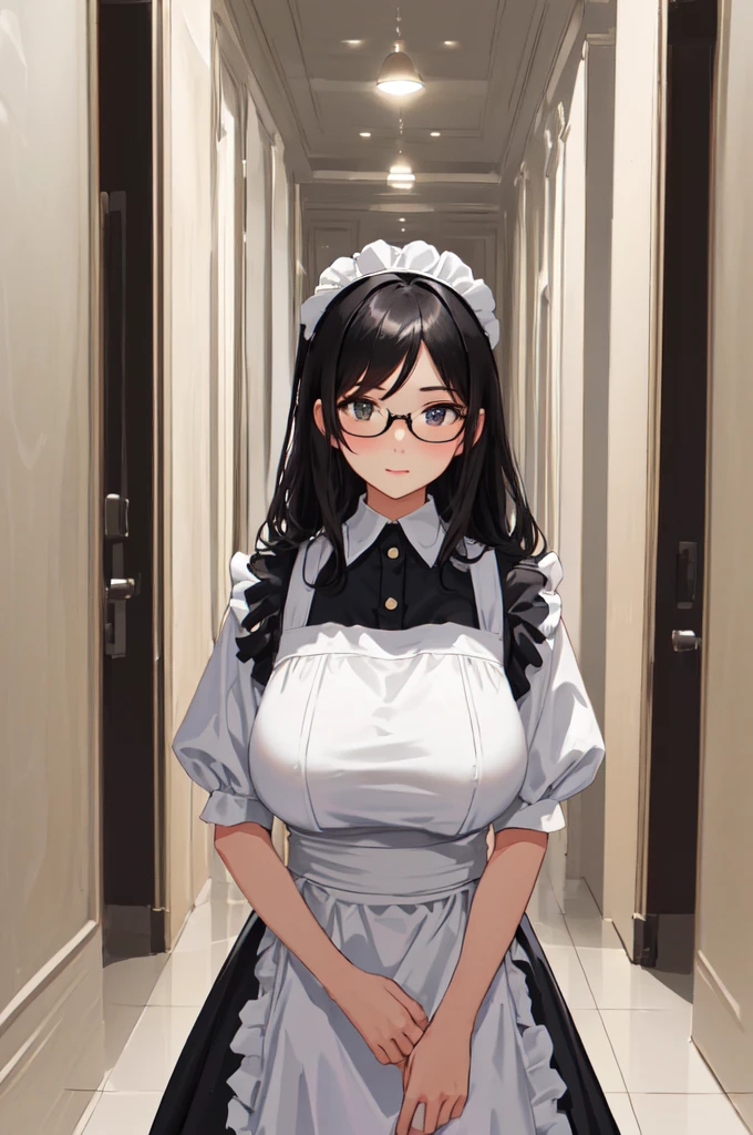 {{masterpiece}},high quality, 4K, 2D, 1 girl,{simple gray background},{{attractive mature lady}},{milf},standing,sagging breasts,{{gigantic breasts}},maid,front face,{{tareme}},attractive mature lady,black hair, {from right in front of face and body},View viewers from front,{front facing shot},Wear glasses,(serious:0.1)