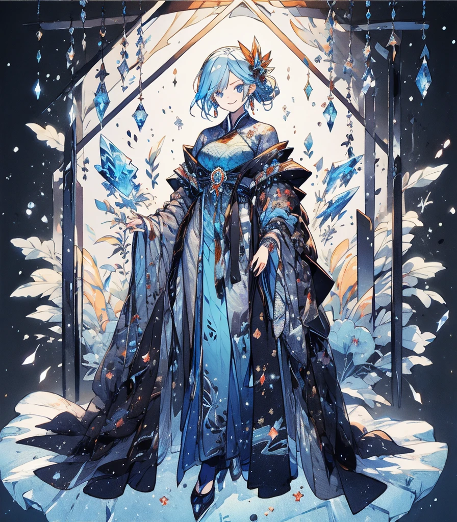 masterpiece, super high quality, ( 非常にdetailedなオリジナルイラスト),1 person,Ice Princess,Around the ice, Frosty Theme,( 輝く黄colorい目:1.2), A light, cold smile, Arrogant look, Sexy Russian costume, blue crystal jewelry, Ice blue glowing tattoo,detailed,Realistic,4K High Definition,Mappa Studio,masterpiece,Highest quality,Official Art,figure,Clear lines,(nice_color),Perfect composition,Fantasy,Concentration,Front facing,No text