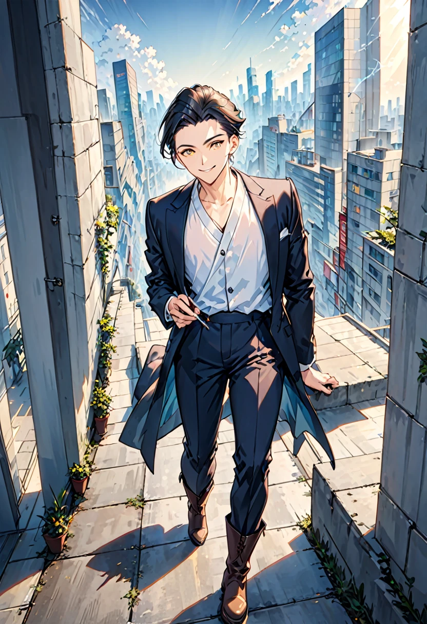 
"Create an image of a handsome, slim counselor without a beard. He is wearing a suit, white shirt, and boots. His hair is short, slicked-back, and silver. The background is a bright cityscape. He has a cheerful mood with a wry smile and a calm, piercing gaze. He is holding a cigarette and is either leaning against a wall or walking. Use a surreal, conceptual art style with high detail and quality."