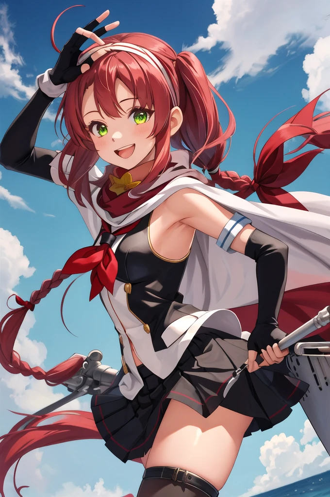 Highest quality, masterpiece, High resolution, 一人in, {Sichuan wind_Kantai Collection:1.15}, length_hair, red_hair, ribbon, hairband, hair_ribbon, 前hair, Ahoge, twintails, Side Lock, low_twintails, asymmetrical_前hair, very_length_hair, smile, green_eye, Seraphim, Sleeveless, hair_flap, 1 girl, black_gloves, Braiding, Cape, elbow_gloves, fingerless_gloves, gloves, looking for_in_Audience, scarf, School_uniform, twin_Braidings, yellow_eye, neckerchief, skirt, torpedo, mechanical, Open_mouth, pleined_skirt