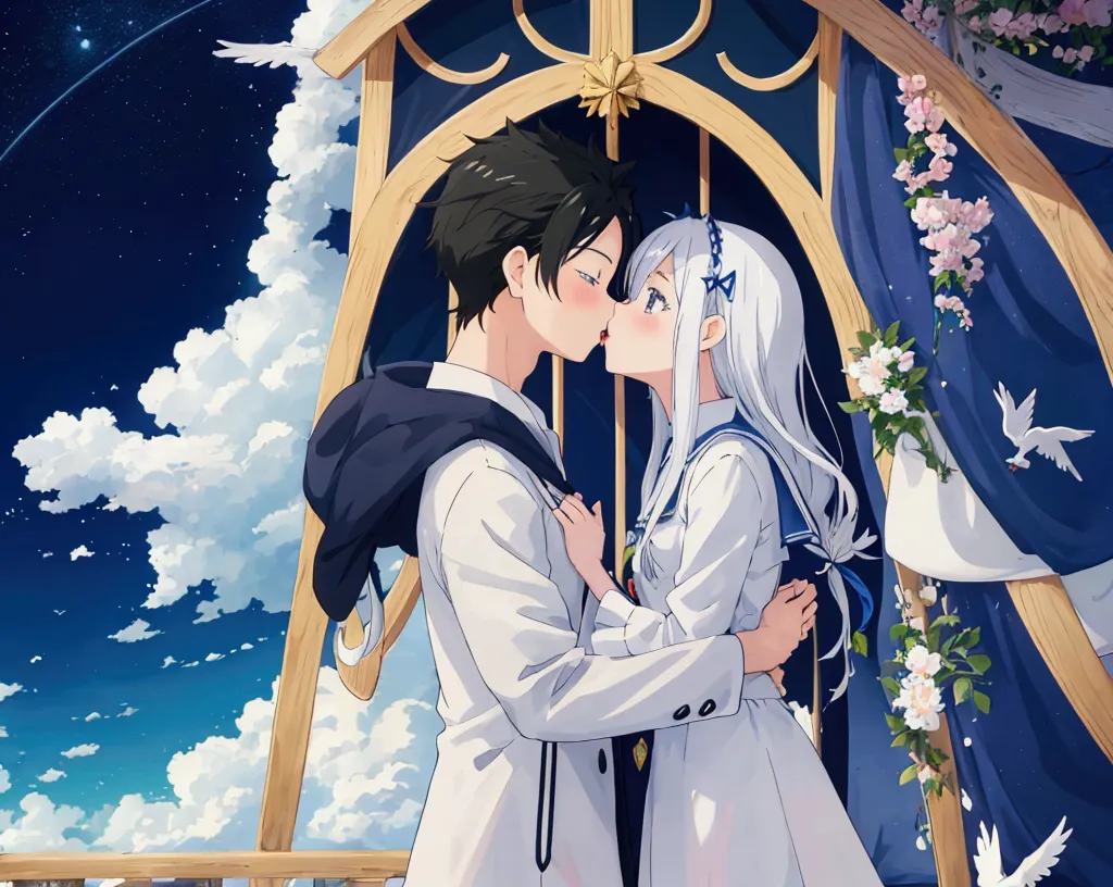 
anime, kids, kids cute, couple kissing in the sky with birds flying overhead, kissing together cutely, romanticism lain, shoujo...