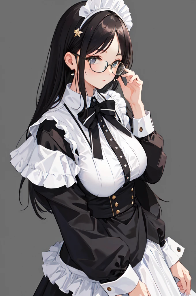 {{masterpiece}},high quality, 4K, 2D, 1 girl,{simple gray background},50 yo,standing,sagging breasts,{{gigantic breasts}},maid,front face,{{tareme}},attractive mature lady,black hair, {from right in front of face and body},View viewers from front,{front facing shot},Wear glasses,mole under eye,(serious:0.1)