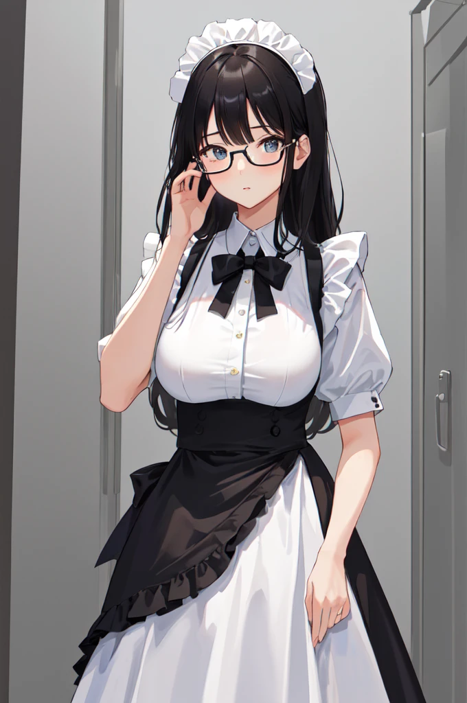 {{masterpiece}},high quality, 4K, 2D, 1 girl,{simple gray background},50 yo,standing,sagging breasts,{{gigantic breasts}},maid,front face,{{tareme}},attractive mature lady,black hair, {from right in front of face and body},View viewers from front,{front facing shot},Wear glasses,mole under eye,(serious:0.1)