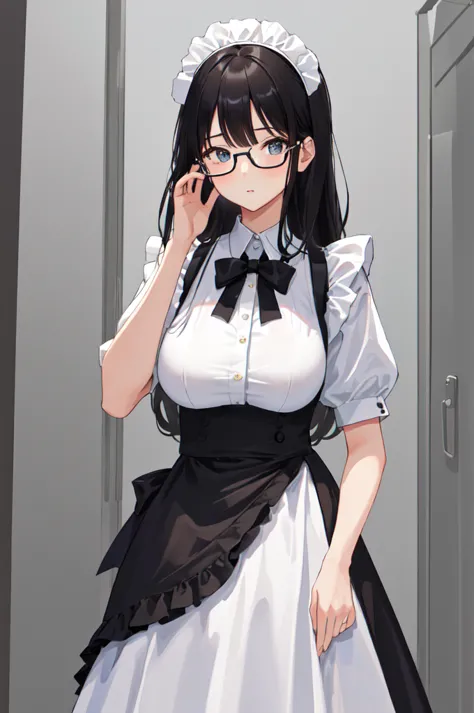 {{masterpiece}},high quality, 4K, 2D, 1 girl,{simple gray background},50 yo,standing,sagging breasts,{{gigantic breasts}},maid,f...