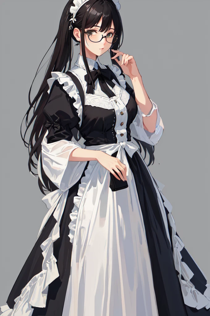 {{masterpiece}},high quality, 4K, 2D, 1 girl,{simple gray background},50 years old,standing,sagging breasts,{{gigantic breasts}},maid,front face,{{tareme}},attractive mature lady,black hair, {from right in front of face and body},View viewers from front,{front facing shot},Wear glasses,mole under eye,(serious:0.1)