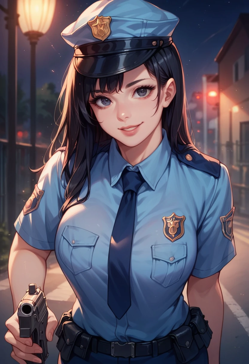 Woman, beautiful, black hair, sexy police officer in uniform, black color, night, soft light, facial details, from front, with gun, smiling, light pink lips, --Realistic Style-Imagination-