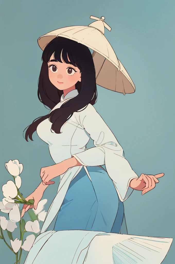 Create a minimalist style illustration of a 19th-century Vietnamese girl wearing a traditional áo dài and a nón lá. The design should have a vintage character with simple and clean lines. The girl stands gracefully, her áo dài flowing elegantly. She wears a nón lá that casts a gentle shadow on her face, giving a serene and calm expression. Use a muted color palette with soft pastels to evoke a vintage feel. The background should be a solid color to highlight the simplicity and elegance of the character