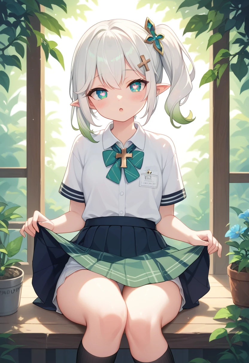 no back ground, Skirt Lift, 8 years old, , out, ssmile, bright sunny, bright sunlight, gram, cross-shaped pupils, pointy ears, hair ornament, White hair, green hair lock, side ponytail, work of art, best qualityer