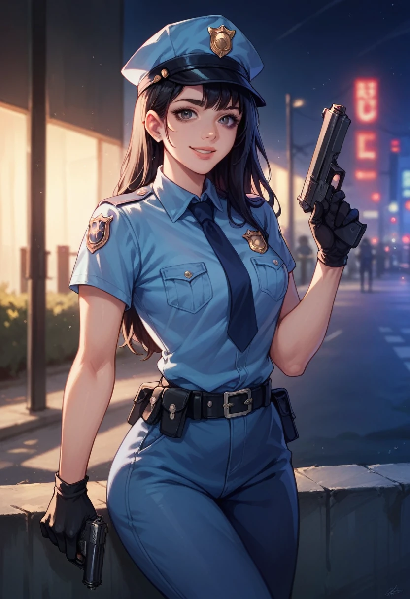 Woman, beautiful, black hair, sexy police officer in uniform, black color, night, soft light, facial details, from front, with gun, smiling, light pink lips, --Realistic Style-Imagination-