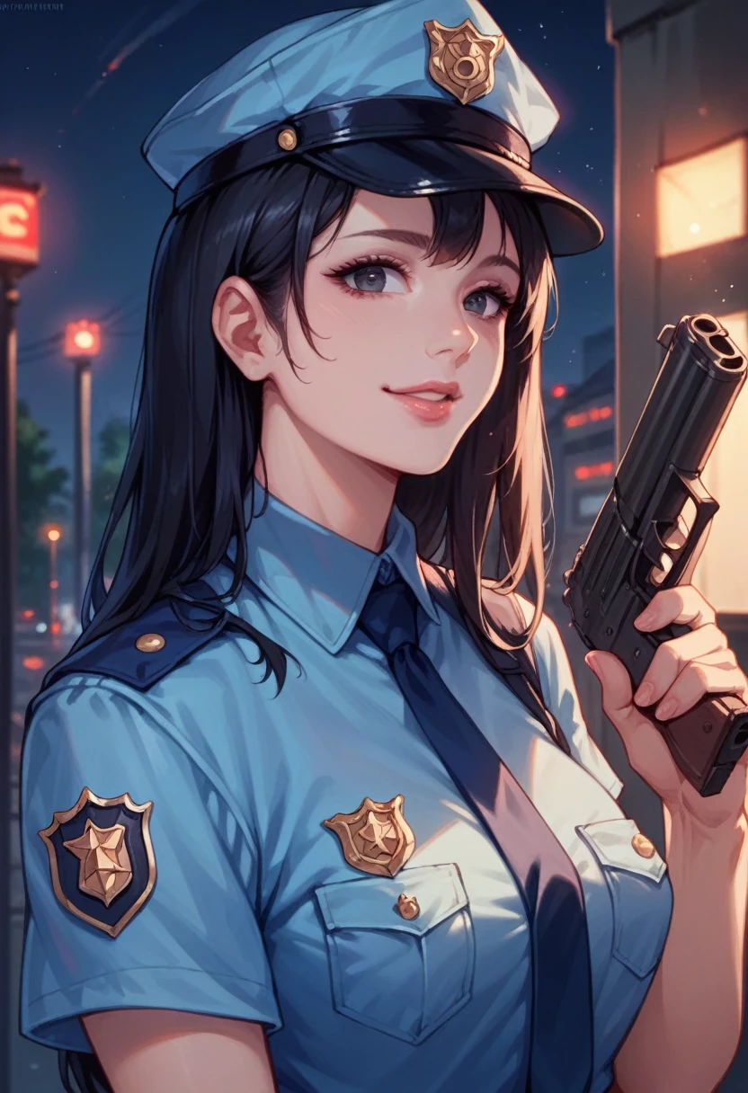 Woman, beautiful, black hair, sexy police officer in uniform, black color, night, soft light, facial details, from front, with gun, smiling, light pink lips, --Realistic Style-Imagination-