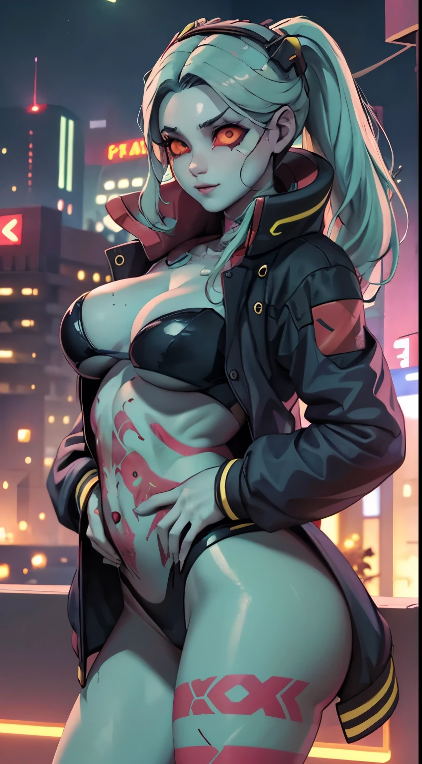 comely, (Masterpiece artwork: 1.2), (best qualityer: 1.2), jaket, perfect lighting,
with a wedge, tanned, body covered in oil, breasts big, 1 girl, red sclera,red pupils, cyborg, tatoo, green haired,colored fur, Perfect Anatomia, 8k, perfect hands,((Masterpiece artwork)), (best qualityer) texture, 8k, cyberpunk 2077 building