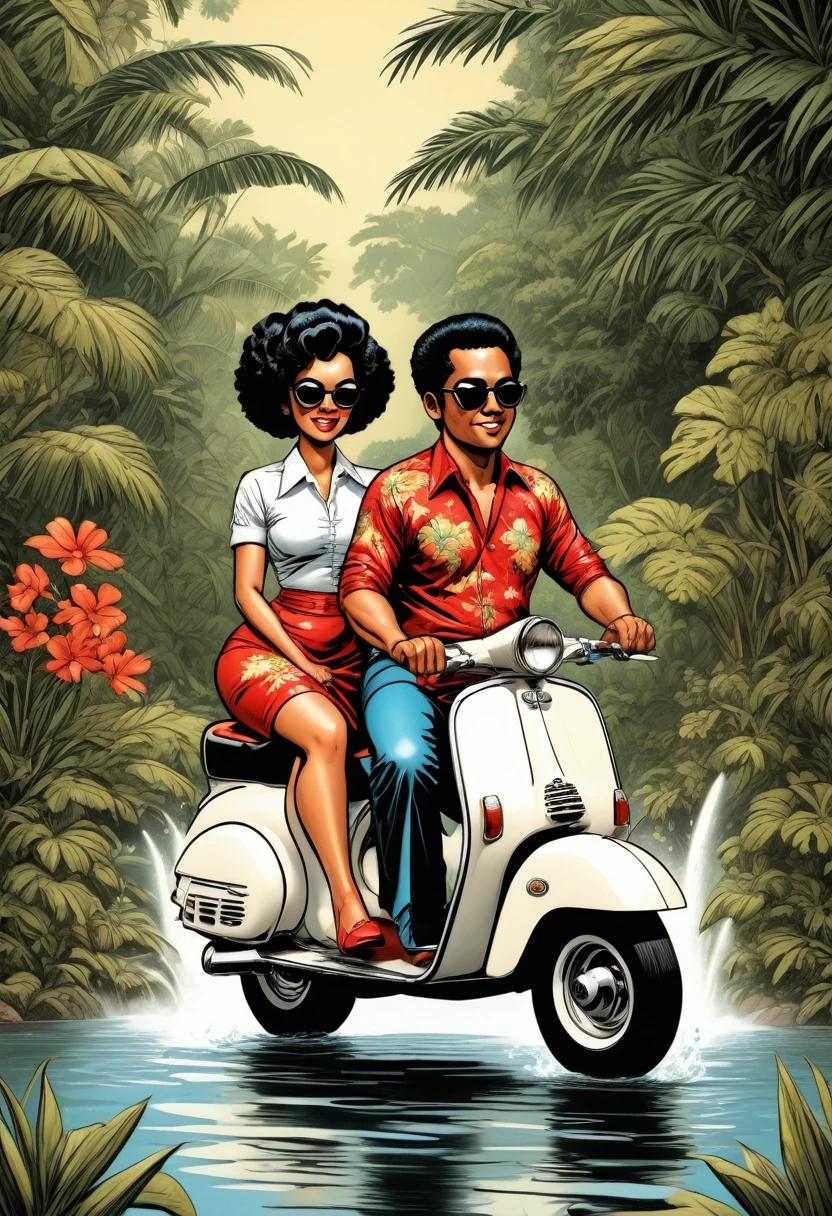 A retro comic cover, classic comic. 1980’s comic title “from TAIPING with LOVE”. A very skinny Malay man wears flowers shirt with black pants, wearing black leather shoes. he has a big crest hair, wear Wayfarer Rayban sunglasses. a malay very fat woman wearing red baju kurung, wear Marilyn Monroe 60’s sunglasses, a curly afro hair style, the couple riding a white classic vespa . background of tropical forest lake garden with a fountain in the middle of the lake.