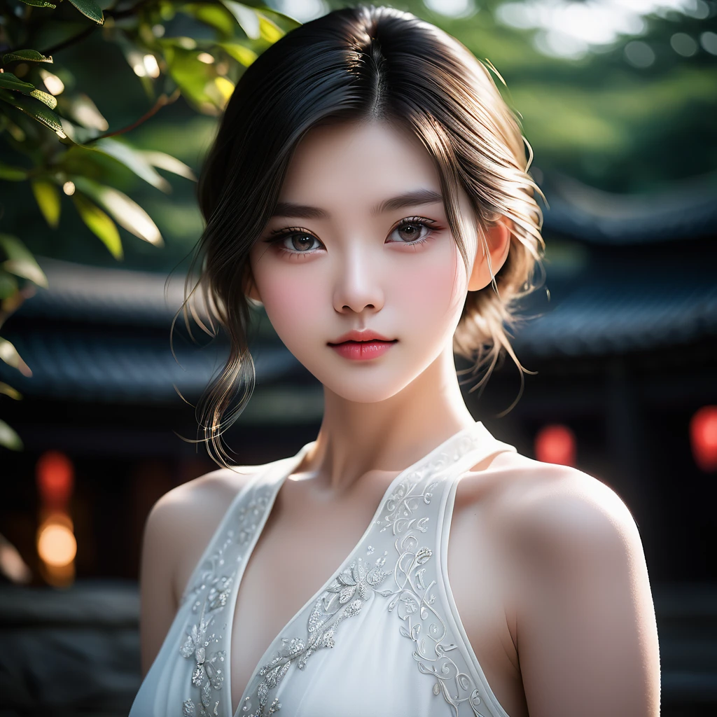 Meticulous, analog style, focus on the eyes, highest quality, (highly detailed skin), photo of very handsome pale skin Chinese donghua girl, 21 years old, (white dress), perfect face, pore skin, (penetration:0.5), black background, (bokeh:0.6), sharp focus, grainy lighting, (backlight:0.7), film grain, photographed with Sony A7R IV camera, 18mm F/1.7 cine lens, (highly detailed, intricate detail), 8k, HDR, front view, (full body: 0.9)