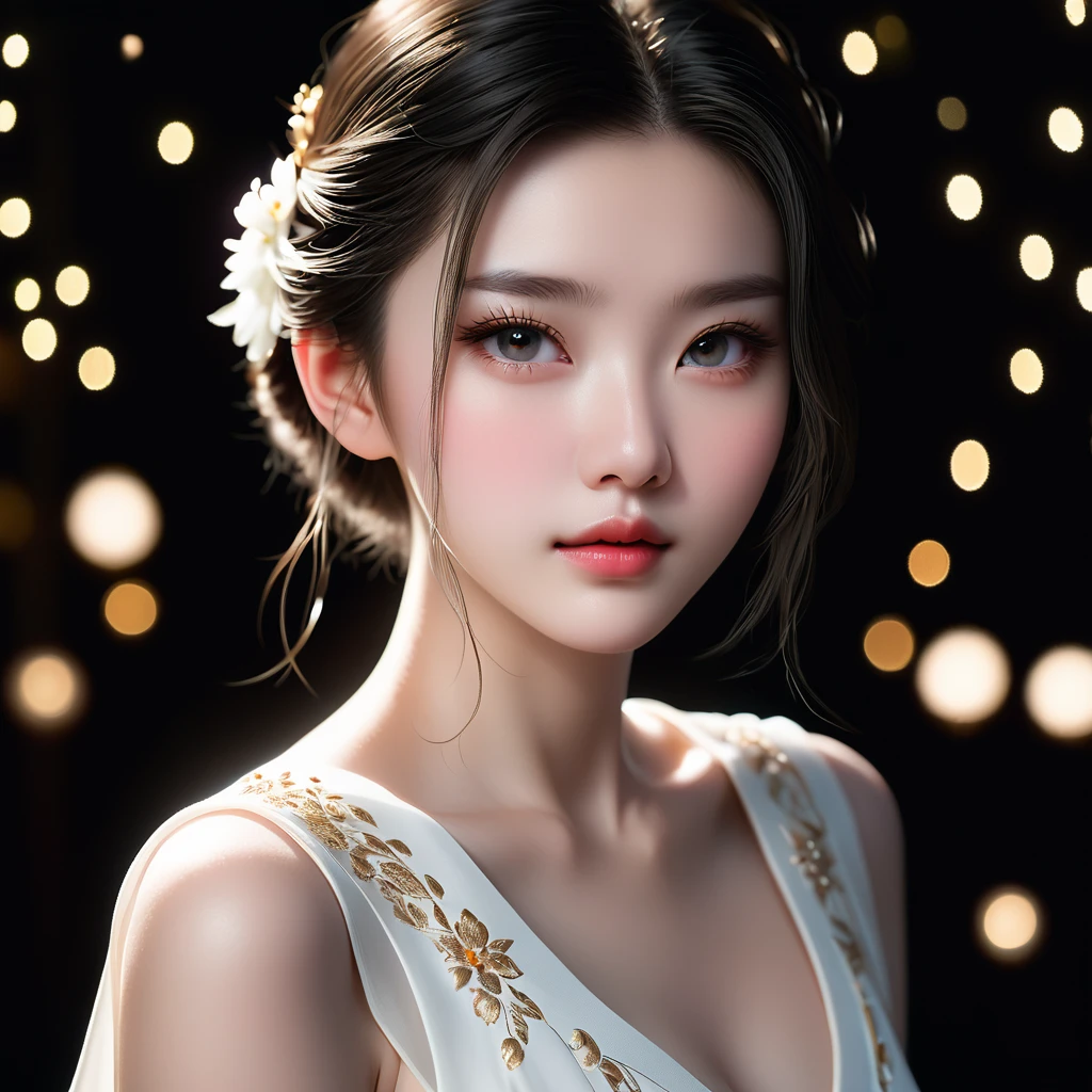 Meticulous, analog style, focus on the eyes, highest quality, (highly detailed skin), photo of very handsome pale skin Chinese donghua girl, 21 years old, (white dress), perfect face, pore skin, (penetration:0.5), black background, (bokeh:0.6), sharp focus, grainy lighting, (backlight:0.7), film grain, photographed with Sony A7R IV camera, 18mm F/1.7 cine lens, (highly detailed, intricate detail), 8k, HDR, front view, (full body: 0.9)