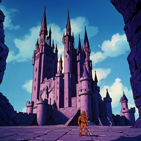 skeletor standing in front of castle grayskull, low angle