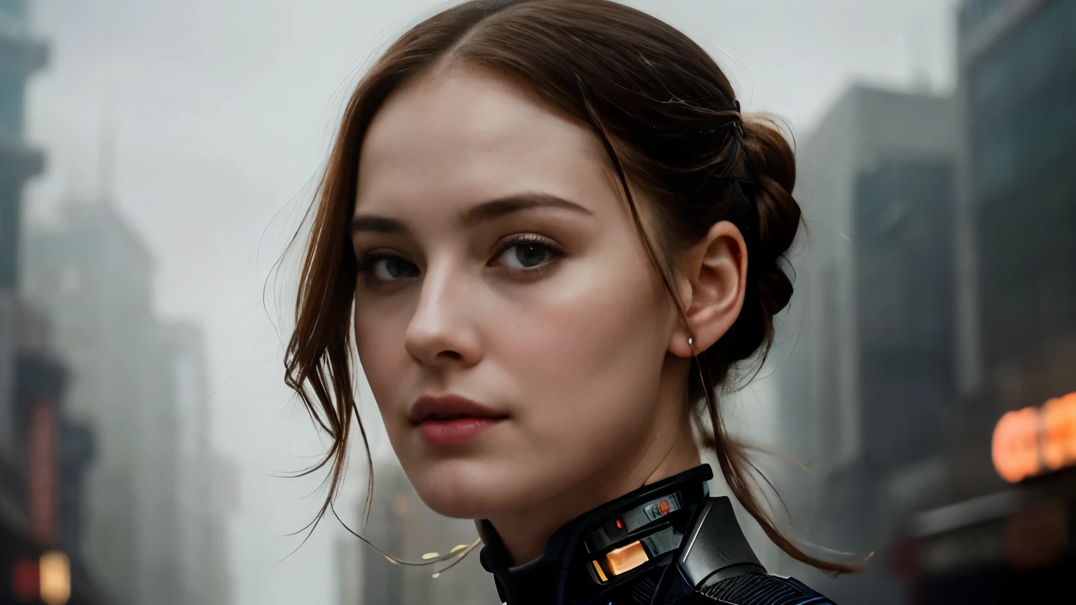 Jia Lissa, a picture of sexy android, long silver hair, , villain, she is coming to you, up close, china town, lightning, bright eyes, wearing a cyber clothes, wires, leds, (up close:1.3) blade runner, hair tied,  grin