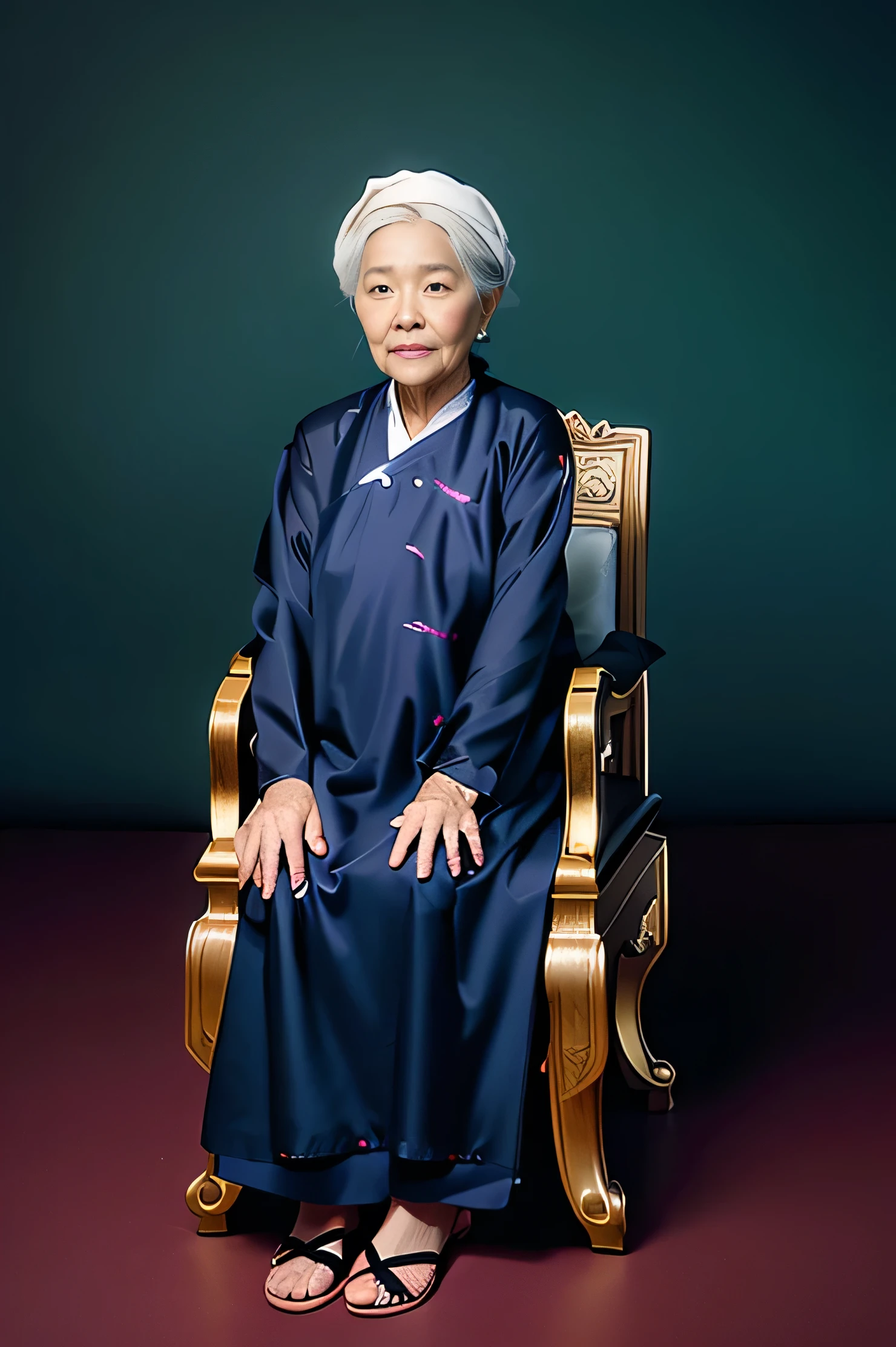 Highly realistic photo, ((masterpiece), (best quality), (raw photo), (photorealistic:1.4), The photo depicts an elderly vietnamese old woman sitting on a chair. ((She is wearing a dark-colored traditional vietnam aodai and a black headscarf)). She is wearing flip-flops and has her hands resting on her lap. The elderly woman has a kind appearance, a thin face with many wrinkles, and white hair. The background of the photo is a gradient from deep blue to light blue. The chair she is sitting on has a classic design with intricate patterns) , photo taken by Sony A7IV
