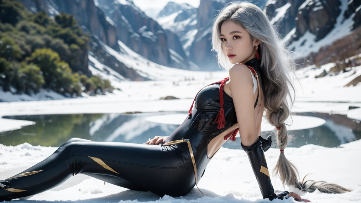 shenhe(genshin impact), tassel, hip vent, braided ponytail, 1girl, looking to the side, blue eyes, braid, hair ornament, jewelry, grey hair, solo, white hair, gloves, long hair, earrings, bodysuit, breast curtain, black bodysuit, black gloves, covered navel,Snowy mountains, and snow, icy lakes,Perfect light and shadow, 85mm, Canon, f/2.8, UHD,RAW,retina, masterpiece, ccurate, anatomically correct, textured skin, super detail, high details, high quality, award winning, best quality, highres, 8k,from behind，Sitting on the ，