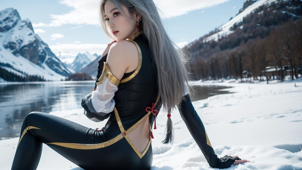 shenhe(genshin impact), tassel, hip vent, braided ponytail, 1girl, looking to the side, blue eyes, braid, hair ornament, jewelry, grey hair, solo, white hair, gloves, long hair, earrings, bodysuit, breast curtain, black bodysuit, black gloves, covered navel,Snowy mountains, and snow, icy lakes,Perfect light and shadow, 85mm, Canon, f/2.8, UHD,RAW,retina, masterpiece, ccurate, anatomically correct, textured skin, super detail, high details, high quality, award winning, best quality, highres, 8k,from behind，Sitting on the ，