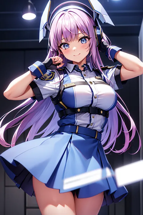 mecha wings、blue skirt、accentuated thighs、chest、light purple hair、1 girl、solo girl、is、frame arms girl、alice gere aegis、white arm...