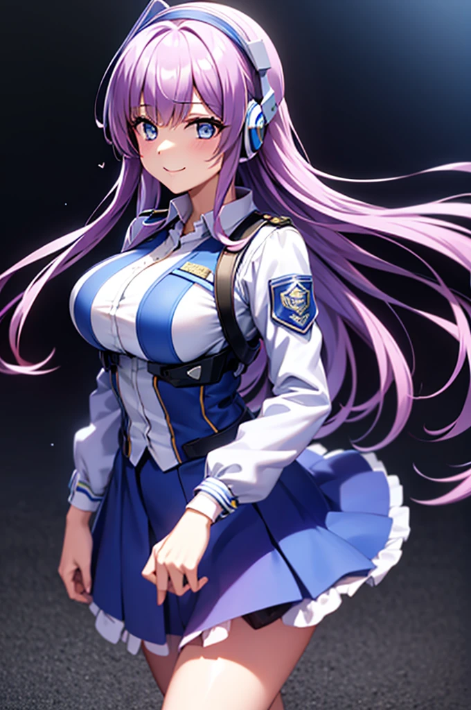 mecha wings、Blue Skirt、Accentuated thighs、chest、Light purple hair、1 girl、solo girl、IS、Frame Arms Girl、Alice Gere Aegis、White Armor、Pink Line、income、headphone、hand on own chest、smile、Miike Naeko,One girl,alone,police,police ユニフォーム,police woman