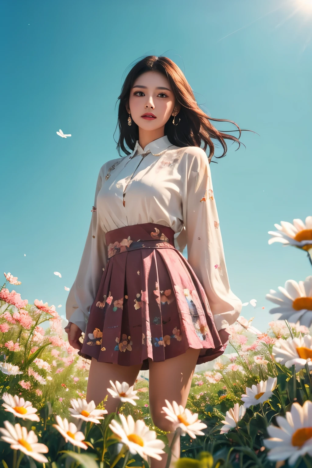 Sense of ambience,portrait,photography,girls in the garden,thousand flower glass style,Meteor,butterfly,sword,(best quality, 4K, high resolution, masterpiece:1.2),bright colors,detailed flowers,sparkling glass,charming patterns,delicate petals,glowing sword hilt,ethereal light,complex blades,rotating stars,charming atmosphere,A beautiful young woman stands in a vibrant, Extra large flowers. She was wearing an orange and black plaid mini skirt，Flying in the wind, Pair with a stylish striped shirt. She is long, Black hair hanging down behind, Blown by the same wind. Image color saturation，High contrast, The woman and the flowers are clearly visible，Bathed in bright light