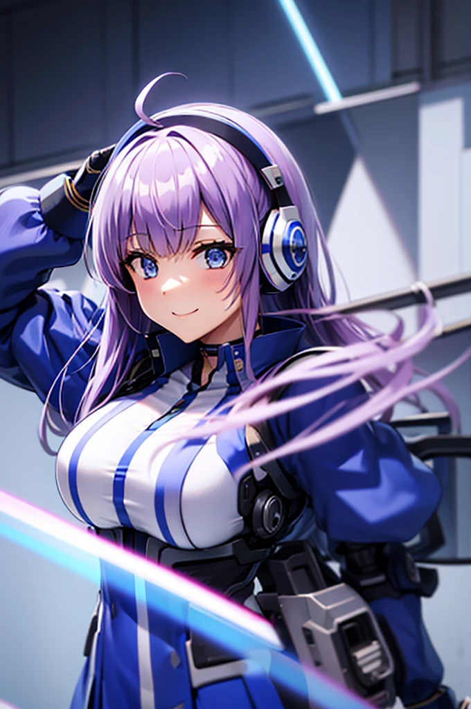 mecha wings、Blue Skirt、Accentuated thighs、chest、Light purple hair、1 girl、solo girl、IS、Frame Arms Girl、Alice Gere Aegis、White Armor、Pink Line、income、headphone、hand on own chest、smile、Miike Naeko,One girl,alone,police,police ユニフォーム,police woman