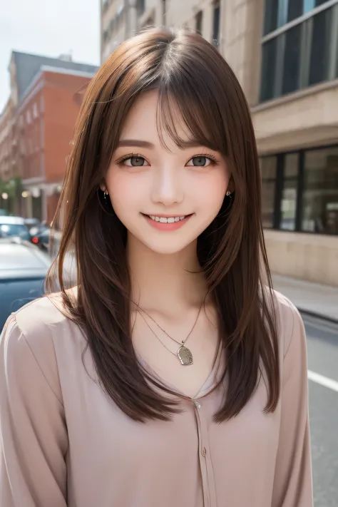 masutepiece, Best Quality, One girl, (a beauty girl, Delicate girl:1.3), (16 years old:1.3), Very fine eye definition, (Symmetrical eyes:1.3), ), (old clothes, old fashion:1.3),smile、Beautiful teeth alignment、Light brown hair、Long sleeve blouse、Ear piercing、necklace, , face focus、The background is the building&#39;s entrance