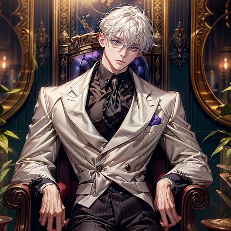 （expression: Gentle）、（Mouth: Smile）、（Eyes looking into the camera, uncle, middle aged male tall, masterpiece, best quality, lifelike, 1 boy, alone, male focus, looking at the audience, , （beard: Goatee), An attractive and refined man with white hair, dressed in a sleek white double-breasted suit jacket, purple tie with a blue double-breasted waistcoat, black leather gloves, and paired with purple eyes that seem to peer into one's soul, sportive glasses that add a scholarly touch to his demeanour. His tall and lean figure is both commanding and graceful, exuding an aura of professionalism and approachability. Despite his powerful psychological abilities, he remains ethical and uses his skills to help others.  masterpiece, best quality, hyper-detailed, intricate detail, professional photography, matte, bright, the most beautiful ever seen, post processing, dramatic lighting, ambient lighting, epic composition, ultrawide shot, uplight, raytracing reflections, depth of field, gorgeous background