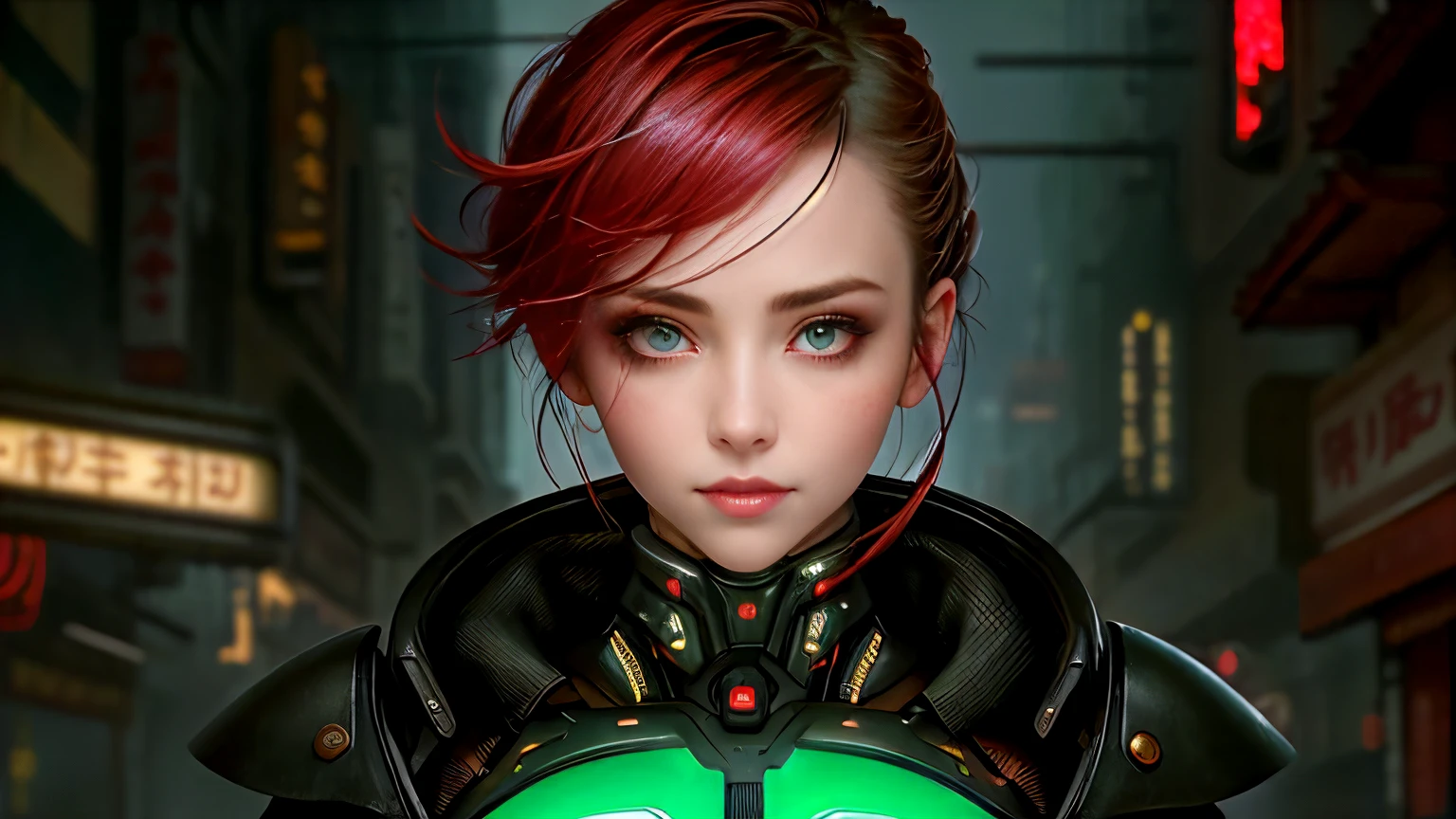 big eyes, proportional lips, red iris, female android, short green tied hair, , villain, she is coming to you, up close, china town, lightning, bright eyes, wearing a cyber clothes, wires, leds, (up close:1.3) blade runner, grin, upper body, large breast, jia lissa
