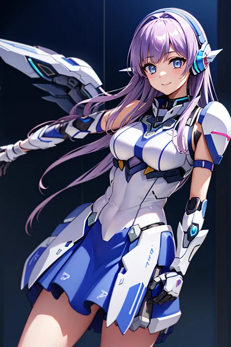 mecha wings、blue skirt、accentuated thighs、chest、light purple hair、1 girl、solo girl、is、frame arms girl、alice gere aegis、white arm...