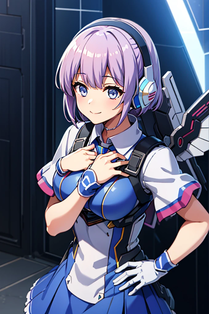 mecha wings、Blue Skirt、Accentuated thighs、chest、Light purple hair、1 girl、solo girl、IS、Frame Arms Girl、Alice Gere Aegis、Gundam、White Armor、Pink Line、income、headphone、hand on own chest、smile、Miike Naeko,One girl,alone,police,police ユニフォーム,police woman