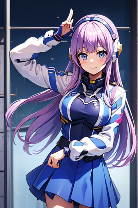 mecha wings、blue skirt、accentuated thighs、chest、light purple hair、1 girl、solo girl、is、frame arms girl、alice gere aegis、gundam、wh...