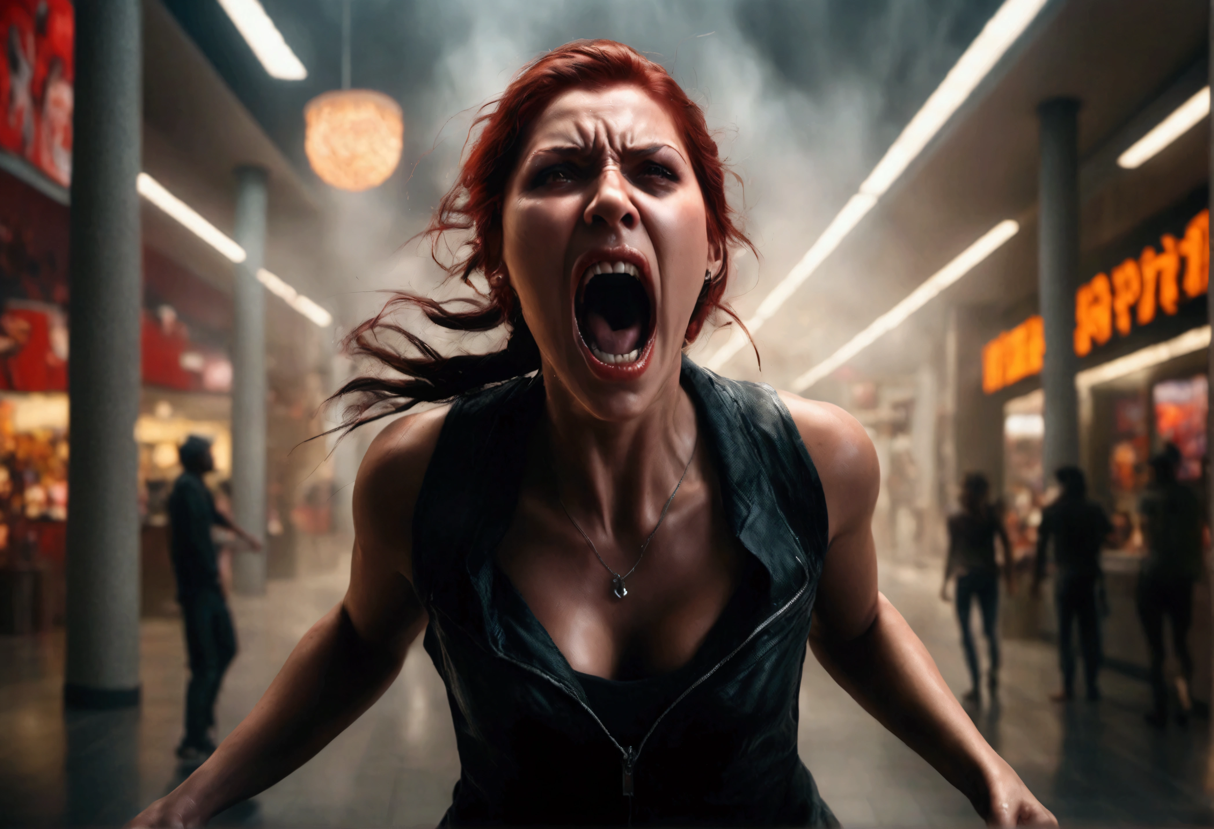 a woman screaming in terror, liquid metal coalescing into a bloodthirsty demon, busy shopping mall, hyper realistic, cinematic lighting, dramatic shadows, volumetric fog, vibrant colors, unreal engine, photorealistic, detailed facial features, expressive eyes, highly detailed, 8k, masterpiece, cinematic composition, dramatic atmosphere, intense contrast, moody lighting
