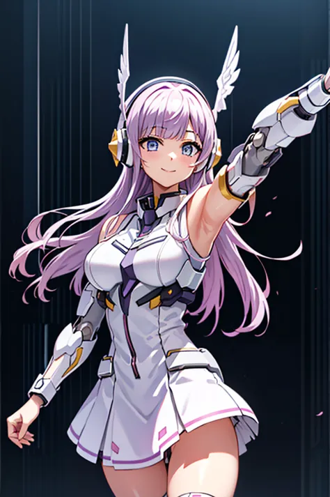 mecha wings、white skirt、accentuated thighs、chest、light purple hair、1 girl、solo girl、is、frame arms girl、alice gere aegis、black an...