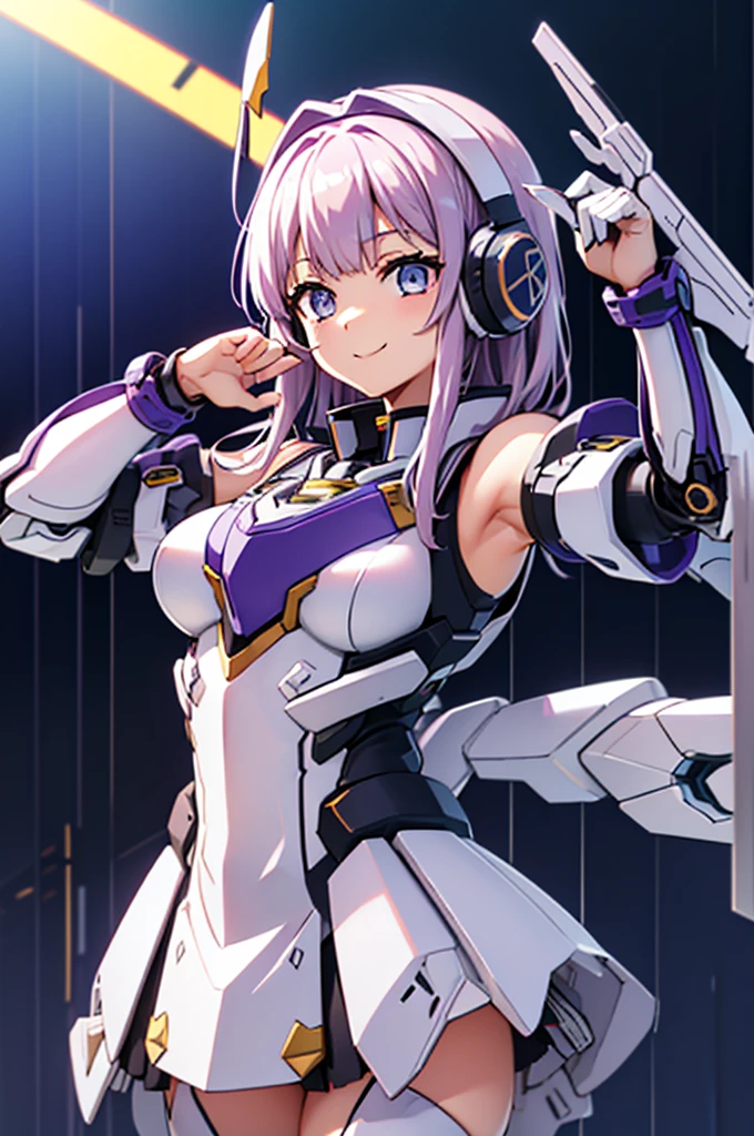 mecha wings、White Skirt、Accentuated thighs、chest、Light purple hair、1 girl、solo girl、IS、Frame Arms Girl、Alice Gere Aegis、Black and yellow armor、Pink Line、income、headphone、hand on own chest、smile