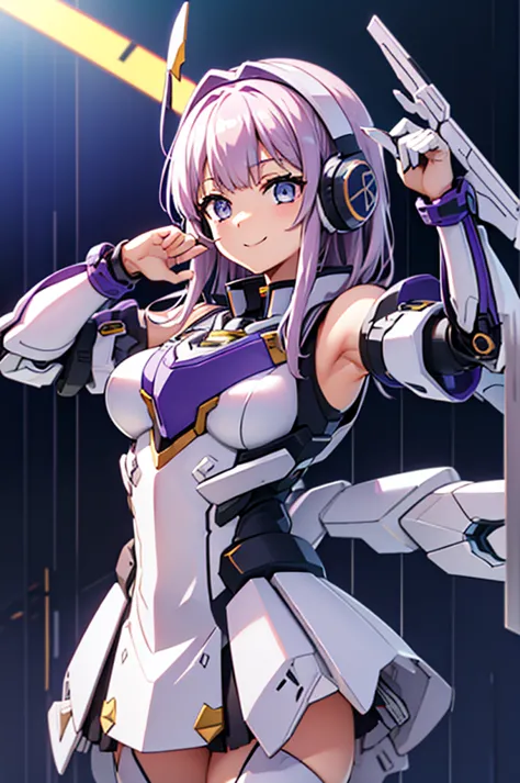 mecha wings、white skirt、accentuated thighs、chest、light purple hair、1 girl、solo girl、is、frame arms girl、alice gere aegis、black an...