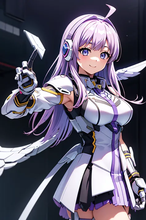 mecha wings、white skirt、accentuated thighs、chest、light purple hair、1 girl、solo girl、is、frame arms girl、alice gere aegis、black an...