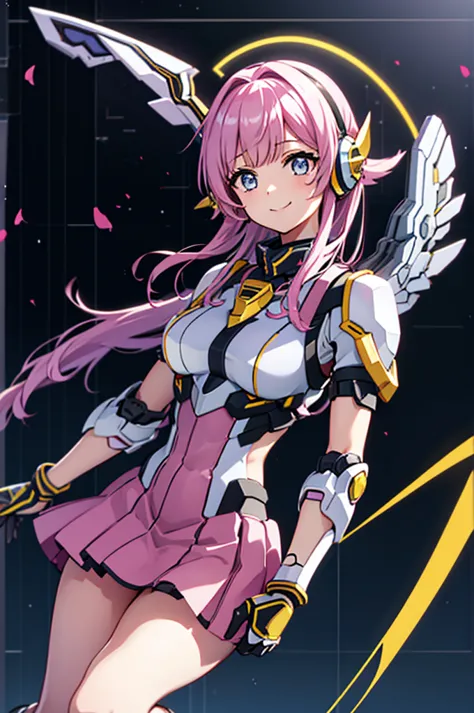 mecha wings、yellow skirt、accentuated thighs、chest、light purple hair、1 girl、solo girl、is、frame arms girl、alice gere aegis、black a...