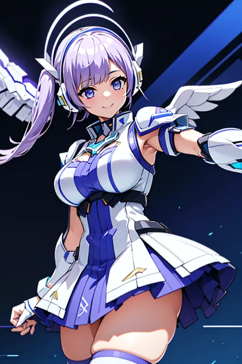 mecha wings、white and blue skirt、accentuated thighs、white tights、chest、beautiful light purple hair、1 girl、solo girl、thick thighs...