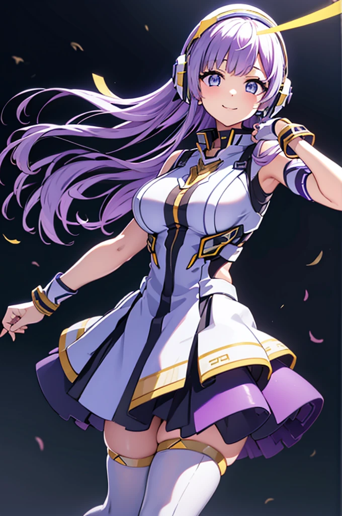 mecha wings、Black and yellow skirt、Accentuated thighs、White tights、chest、Beautiful light purple hair、1 girl、solo girl、Thick thighs、IS、Frame Arms Girl、Alice Gere Aegis、income、headphone、hand on own chest、smile、Idol Costume
