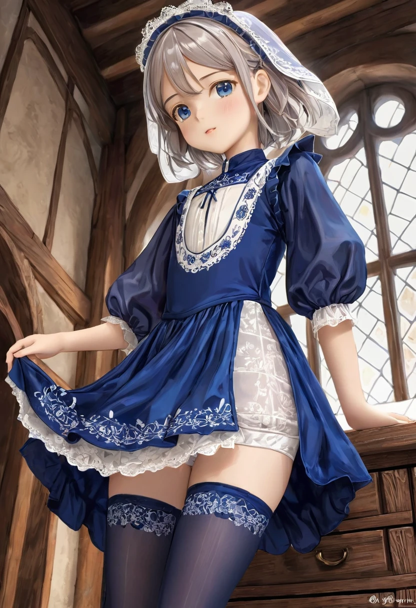  ropa interior de niña, Bragas y bombachos realistas hechos de tela de algodón estampada., Un vestido medieval de una pieza de color azul oscuro vibrante con bordados blancos y alforjas., Fabric Realism, Ángulo bajo, Puedes ver el cajón., Levanta el vestido con la mano., Vientos fuertes, deslizamiento translúcido, deslizamiento translúcido, medias, de la máxima calidad, Primer plano de la entrepierna, todo el cuerpo, Forro de falda
