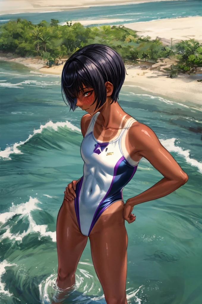 8k, high quality, ultra quality, ultra detailed, Absurd, BREAK 1人の女の子, 18_ years_ old, tomboy, BREAK (muscle:0.5), (Black Hair, Pixie Cut Tan, Sunburn lines, Dark skinned women, Dark Skin:1.3), (gigantic 胸), shiny hair, shiny skin, oily, BREAK ((competition swimsuit)), (pleased:1.2), (1girl standing, cowboy shot:1.3), (contrasted, One hand on hip:1.5), outside, beach, evening, (ass pov), (from above, high angle, looking ahead:1.5), 