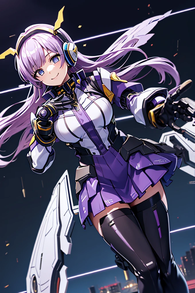 mecha wings、Black and yellow skirt、Accentuated thighs、tights、chest、Beautiful light purple hair、1 girl、solo girl、Thick thighs、IS、Frame Arms Girl、Alice Gere Aegis、income、headphone、hand on own chest、smile、Idol Costume