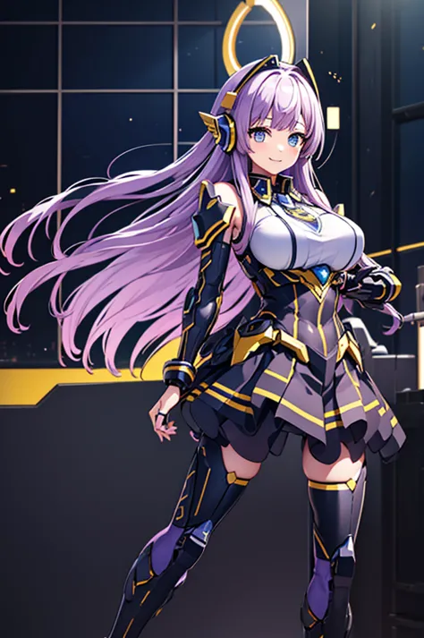 mecha wings、black and yellow skirt、accentuated thighs、tights、chest、beautiful light purple hair、1 girl、solo girl、thick thighs、is、...