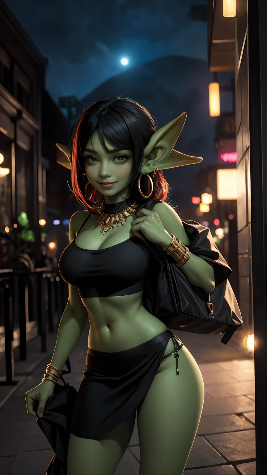 absurdrez, 1 girl, solo ((best quality)), ((masterpiece)), (detailed), 4k, green skin, tiny pointy ears, small ears, very very small goblin girl wearing revealing red arabian clothing, 3 feet tall, graceful, exotic, black hair, walking towards a backdoor entrance to a club, backdoor to nightclub, jewelry, looking back at viewer, outdoors, evening, carrying a duffel bag on shoulder, carrying gym bag on shoulder, dynamic pose, outside of busy nightclub, outside of busy strip club, sexy smile, cinematic still, arabian jewelry, cowboy shot, microskirt